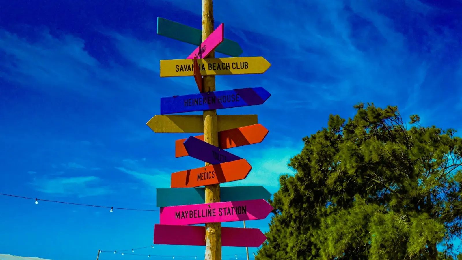 A wooden signpost with many colourful signs pointing in different directions, under a blue sky.