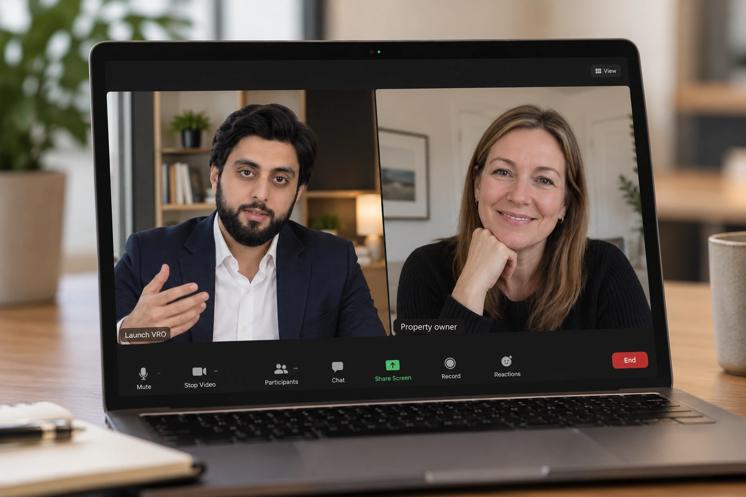A video call on a laptop: the Launch VRO founder talks with a smiling owner.