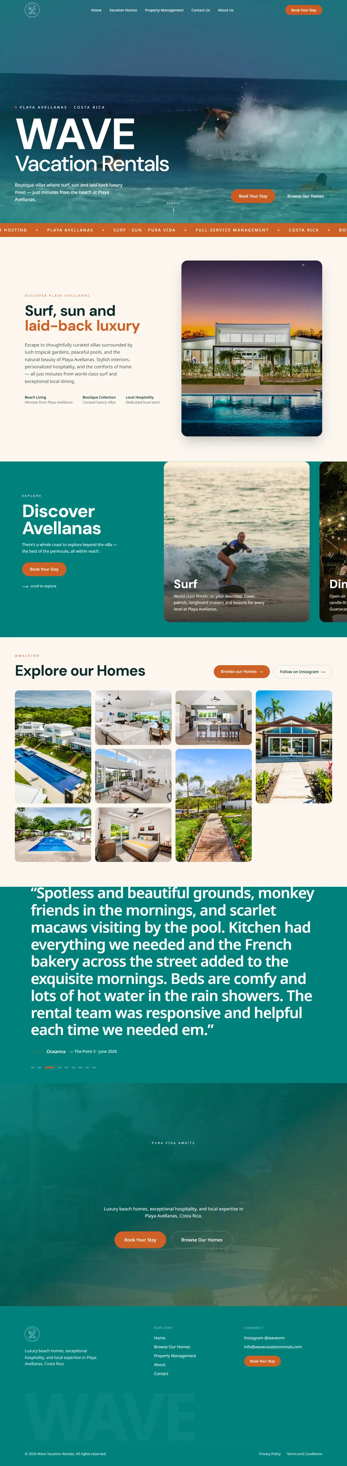 Desktop view of the Wave Vacation Rentals website, scrolling